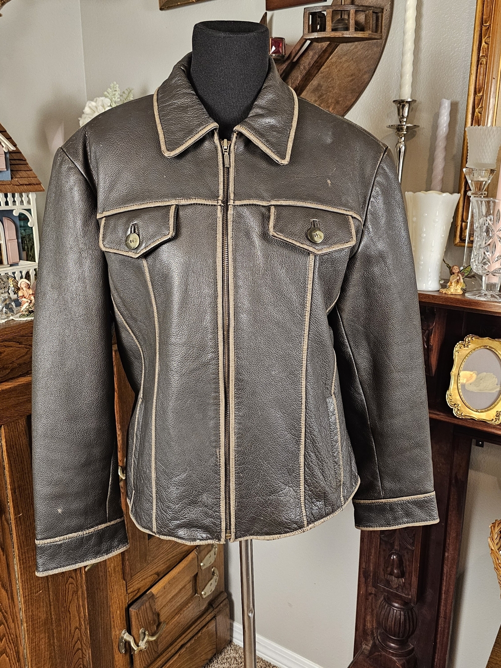 Vintage 90s Jessi Lee Womens Leather Jacket Brown Distressed Y2K Large
